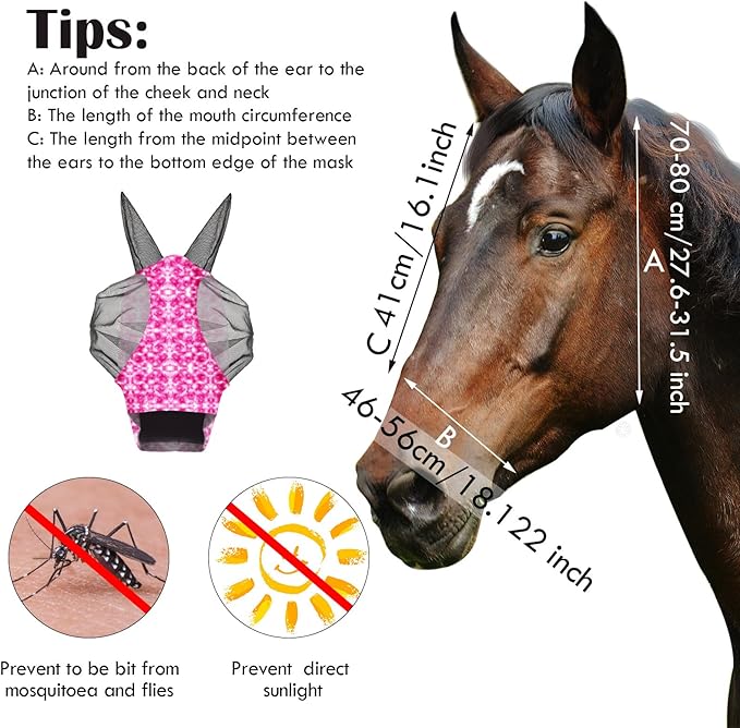 Frienda 4 Pieces Horse Fly Masks with Ears Face Covering UV Protection from Insect Pests Elasticity Smooth Comfortable Mesh Horse Mask Accessories(Tie-dye,Medium)-PawvioPets