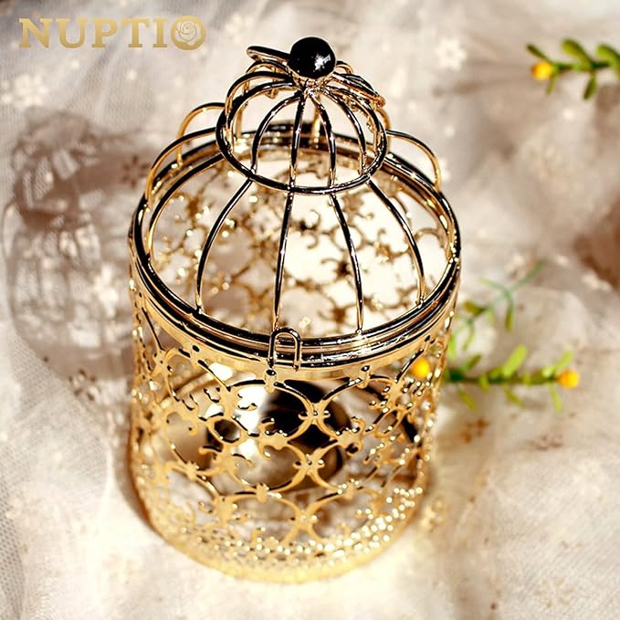 6 Pcs Small Metal Tealight Hanging Birdcage Lantern, Vintage Decorative Centerpieces of Wedding, Party, Gold-PawvioPets