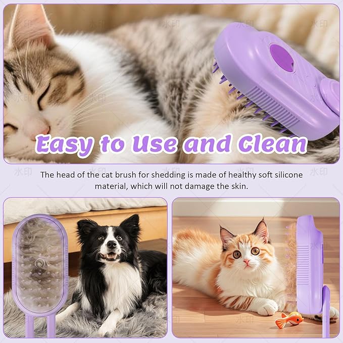 4 in 1 Cat & Dog Steam Brush Kit with 2 Comb Heads - Rechargeable Grooming Brush for Long/Short Hair Shedding, Anti-Static Steam Spray & Foldable Handle, Pet Spa Cleaning Tool (Purple)-PawvioPets