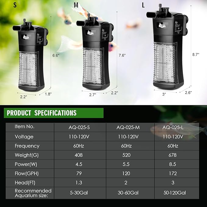AQQA Aquarium Internal Filter Submersible Power Filter in-Tank with Adjustable Water Flow, Ultra Silent Sponge Filter for Fish Tank Water Crystal Clear-PawvioPets