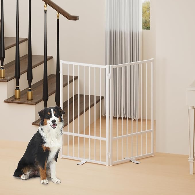 Full Metal Freestanding Dog Gate with Door, 36''Height Foldable Pet Dog Fence for Indoor & Outdoor, 2 Panels Extra Wide Free Standing TallDog Gates for Doorways,House,Stairs,Porch,Deck,Yard-PawvioPets