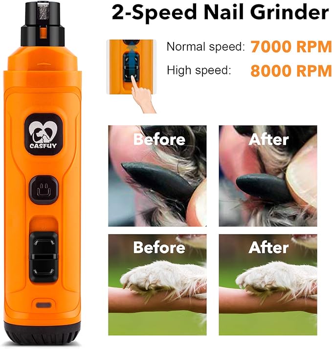 Casfuy Dog Nail Grinder with 2 LED Light - New Version 2-Speed Powerful Electric Pet Nail Trimmer Professional Quiet Painless Paws Grooming & Smoothing for Small Medium Large Dogs and Cats (Orange)-PawvioPets