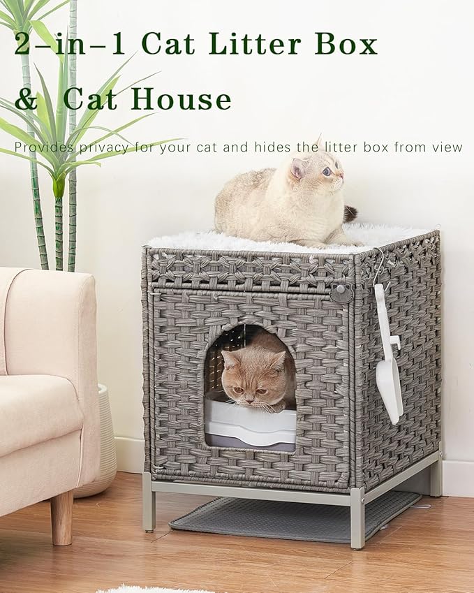 Cat Litter Box Enclosure Hidden Litter Box Furniture with Metal Heightened Feet, Rattan Handwoven Cat House with Litter Mat, Hidden Litter Box Furniture for Bedroom Living Room Gray-PawvioPets