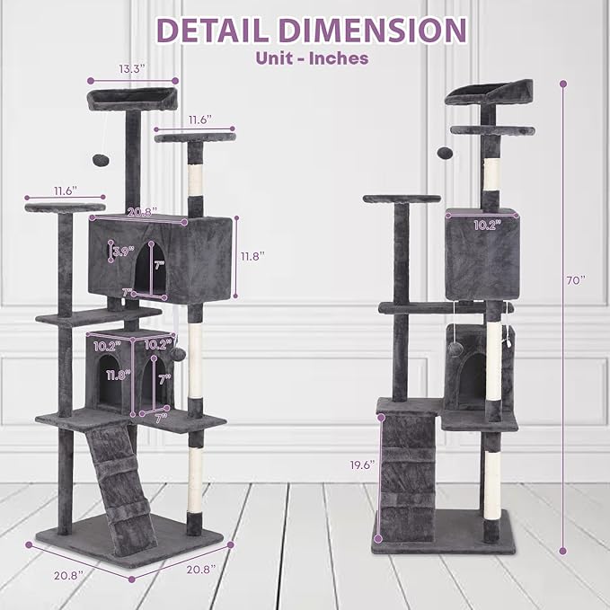 70 inches Cat Tower for Indoor Cats Multi-Level Cat Condos for XL Cat Tree Cat Climbing Tower with Scratching Posts, Hanging Toys,Light Gray-PawvioPets