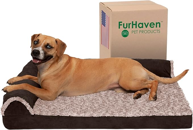 Furhaven Cooling Gel Dog Bed for Large/Medium Dogs w/ Removable Bolsters & Washable Cover, For Dogs Up to 55 lbs - Two-Tone Plush Faux Fur & Suede L Shaped Chaise - Espresso, Large-PawvioPets