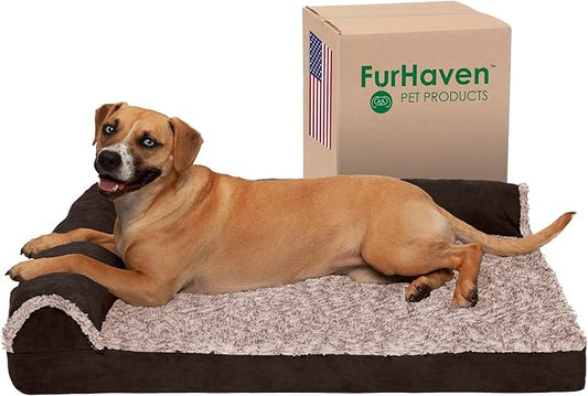 Furhaven Cooling Gel Dog Bed for Large/Medium Dogs w/ Removable Bolsters & Washable Cover, For Dogs Up to 55 lbs - Two-Tone Plush Faux Fur & Suede L Shaped Chaise - Espresso, Large-PawvioPets