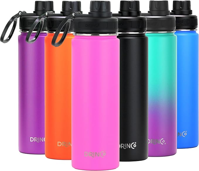 DRINCO Stainless Steel Water Bottle Spout Lid Vacuum Insulated Double Wall Water Bottle Wide Mouth (40oz 32oz 22oz 18oz 14oz) Leak Proof Keep Cold Sport Camping Hiking (22 oz, 22oz Island Pink)-PawvioPets