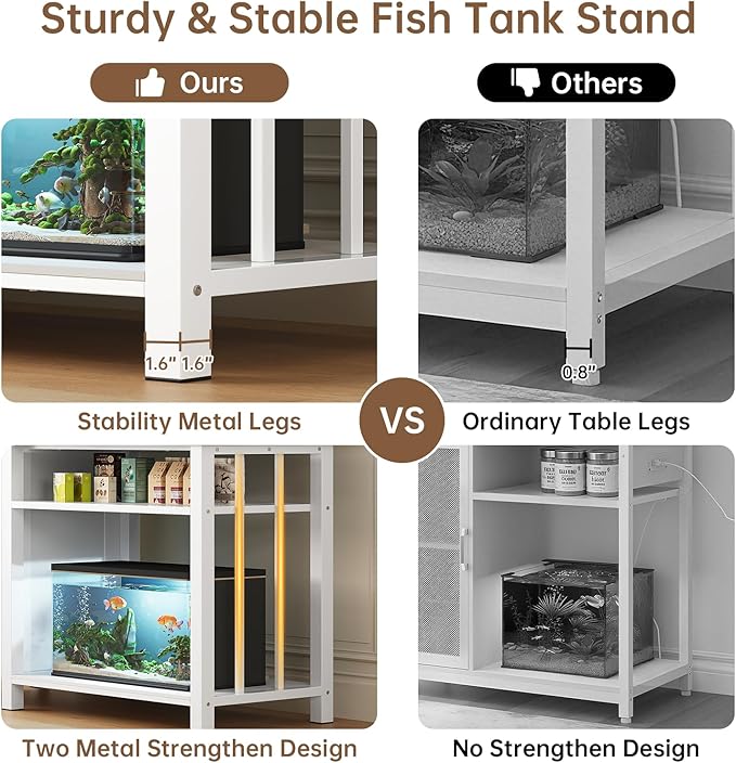 55-75 Gallon Aquarium Stand with Power Outlet, Heavy Duty Fish Tank Stand with Cabinet Storage & Adjustable Shelf, for Fish Tank, Turtle Tank, Reptile Terrarium, 1000LBS Capacity, White-PawvioPets