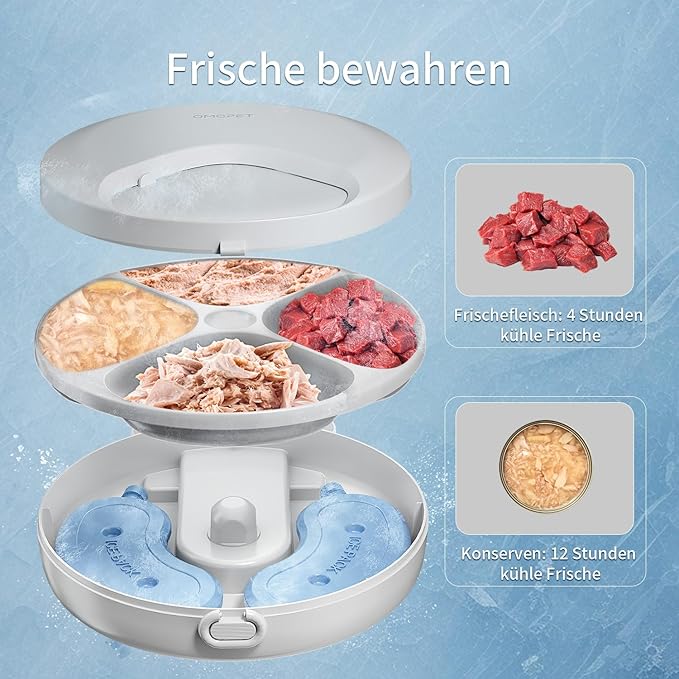 Automatic Cat Feeder Wet Food, Whisker-Friendly Automatic Cat Food Dispenser True 4-Meal Design with Locking Lid, Smart Timer Feeder for Wet Cat/Dog ，2-Ice Packs, Easy to Clean (White-1)-PawvioPets