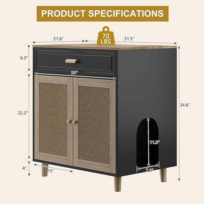 Cat Litter Box Enclosure Furniture Hidden - Indoor 2-in-1 Wooden Cat House & Washroom Cabinet with Scratching Board Doors and Drawer, 31.5”x21.6”x34.6”, Black-PawvioPets