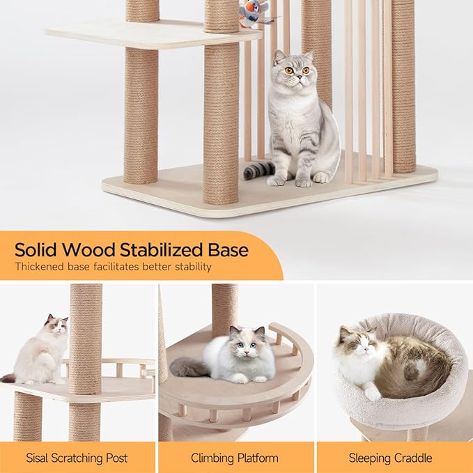 68" Large Cat Tree, Solid Wood Multi-Level Cat Tower with Scratching Posts, Fun Toys, and Washable Plush Platform for Indoor Cats-PawvioPets