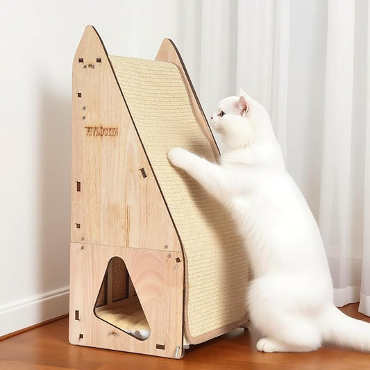 24in Multi-Functional Cat Furniture: Sisal Scratching Posts & Sturdy 3D Wood Frame for Indoor Cats, Integrated Cat Condo Hideout Tunnel All-in-One Space Saver for Multi-Cat & Budget-Friendly-PawvioPets