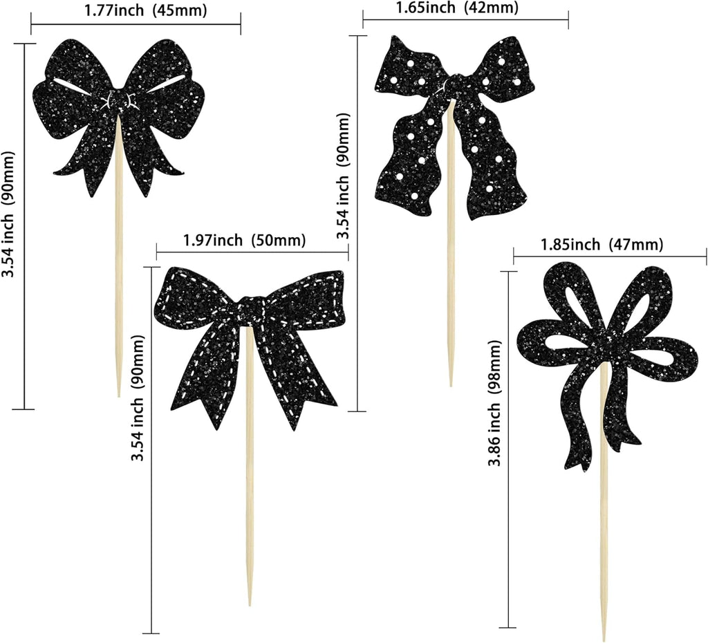 Ephlyn 24Pcs Bow Cupcake Toppers Bow Birthday Cake Topper Girls Birthday Party Decorations Bowknot Cupcake Decorations for Bridal Baby Shower Birthday Wedding Themed Party Black