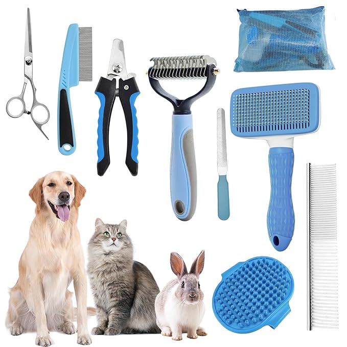 Dog Brush for Shedding,9 PCS in One Pet Slicker Hair Brush Kit with Pet Nail Clipper and File - Dog Cat Grooming Deshedding Undercoat Rake Brush Comb for All Small Large Dogs Cats Blue-PawvioPets