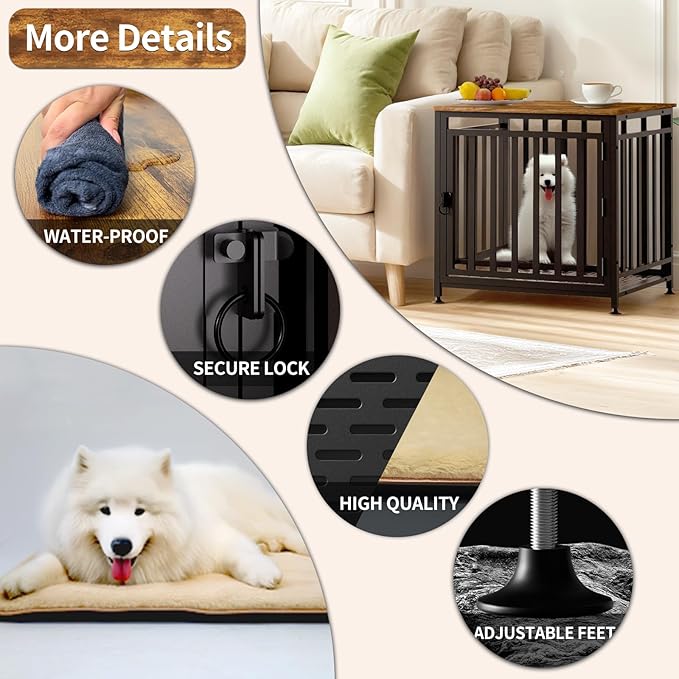 Dog Crate Furniture for Small Dogs, Dog Kennel Indoor, Anti-Chew Anti-Escape with Bed Crate Pad End Side Table Wooden Dog Crate,Steel-Tube Dog Cage, Rustic Brown-PawvioPets