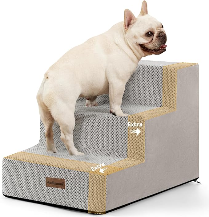Dog Stairs for Small Dogs & Cats, 3-Step Extra Wide Non-Slip Pet Steps for Couch Sofa and Chair, Light Grey, 15.7" H-PawvioPets
