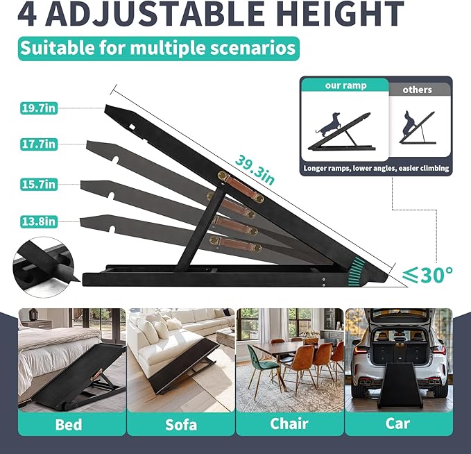 Dog Ramp for Bed, Adjustable Pet Ramps for Dog to Get on Bed, Non-Slip Rubber Surface - Folding Wooden Dog Ramp for Small/Large/Old Dogs, Adjustable up to 19.5 inch High Beds-PawvioPets