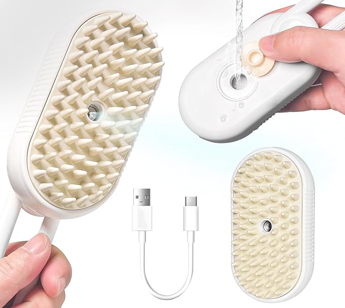 3-in-1 Rechargeable Steam Brush for Cats & Dogs - Anti-Static Spray Pet Grooming Brush with Warm Mist Massage, Hair Shedding Control, Detangling Comb & Cleaning Tool for Effective Deshedding-PawvioPets