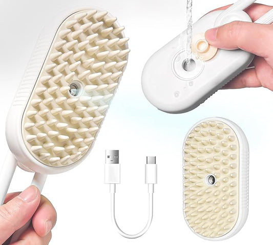 3-in-1 Rechargeable Steam Brush for Cats & Dogs - Anti-Static Spray Pet Grooming Brush with Warm Mist Massage, Hair Shedding Control, Detangling Comb & Cleaning Tool for Effective Deshedding-PawvioPets