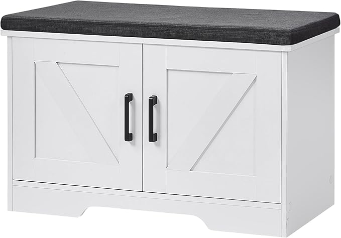 2-Tier Storage Bench, Shoe Bench with Padded Seat Cushion, Entryway Bench with 2 Barn Doors, Adjustable Shelf, 13.8" D x 27.6" W x 17.7" H, for Entryway, Living Room, Bedroom, White-PawvioPets
