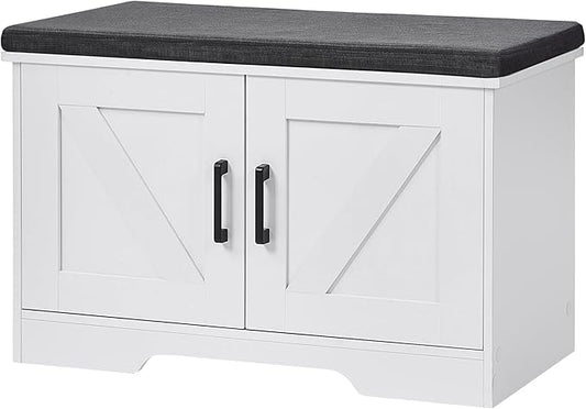 2-Tier Storage Bench, Shoe Bench with Padded Seat Cushion, Entryway Bench with 2 Barn Doors, Adjustable Shelf, 13.8" D x 27.6" W x 17.7" H, for Entryway, Living Room, Bedroom, White-PawvioPets