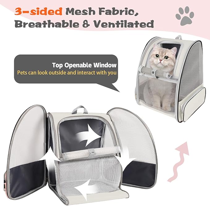 Cat Backpack Carrier,Pet Carrier Airline Approved for Small Dog Cat Puppy Kitten Bunny,Ventilated Mesh Design Animal Backpack for Hiking Camping Travel Bag (Creamy White)-PawvioPets