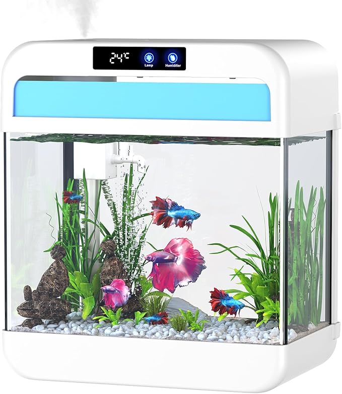 Fish Tank Aquarium 2.2 Gallon with 7 Color Auto-Looping Light, Fish Bowl with Humidifier 3 in 1 Pump - Filteration & Oxygenation & Circulation, Temperature Display, HD Float Glass, Thickened Base-PawvioPets