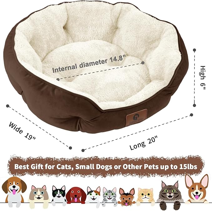 Asvin Small Dog Bed for Small Dogs, Cat Beds for Indoor Cats, Pet Bed for Puppy and Kitty, Extra Soft & Machine Washable with Anti-Slip & Water-Resistant Oxford Bottom, Brown, 20 inches-PawvioPets