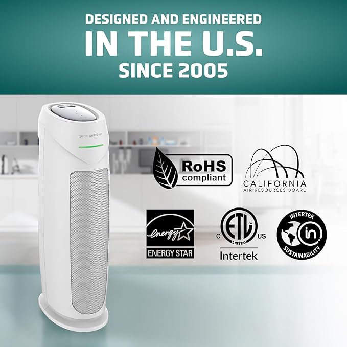 GermGuardian Air Purifier for Home, for Wildfire Smoke, Pets, Pollen, Odor, Mold Spores, Large Rooms Up to 743 Sq. Ft., with HEPA Pure Air Filter, UV-C Light, Air Quality Sensor, 22", AC4880W, White-PawvioPets