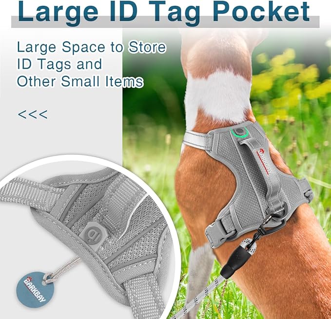 BARKBAY Dog Harness No Pull with ID Tag Pocket - Heavy Duty, Reflective, Easy Control for Large Dogs(Grey,M)-PawvioPets