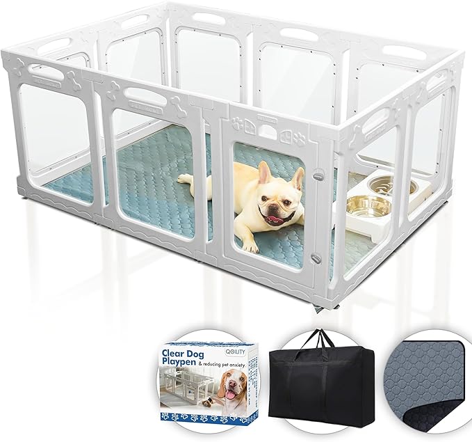 Clear Dog Play Pen Indoor, Effectively Relieves Indoor Pet Anxiety, 56" x 37" x 23.6"H, Suitable for Dogs and Puppies, White-PawvioPets