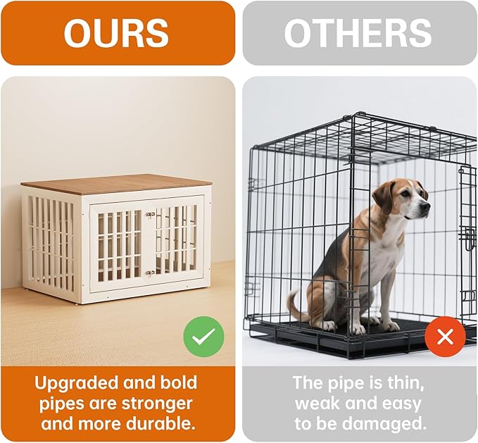 42" Heavy Duty Dog Crate Furniture for Small,Medium and Large Dogs,Rustic Wooden Dog Cage Kennel Indoor Furniture with Waterproof Top,Decorative Pet House Side End Table (White & Wood)-PawvioPets