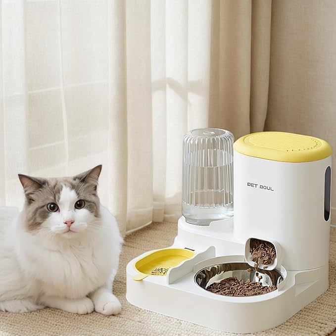 Automatic Cat Feeder & Water Dispenser - Dual Container for Dry/Wet Food, Two-in-One Upgraded Gravity Feeder and Water Dispenser Combo Set for Cats and Dogs.(Yellow)-PawvioPets