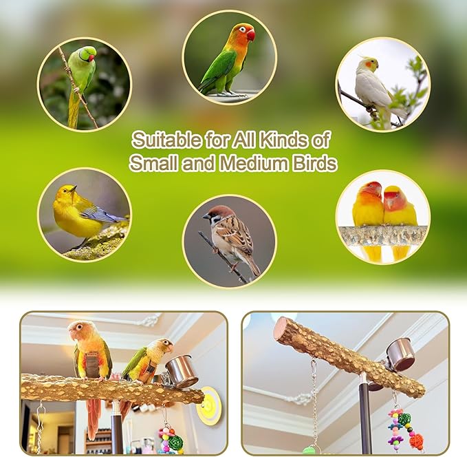 18-27 Inch Height Adjustable Bird Perch Pepper Wood Desktop Bird Training Perch Stand with Feeding Cups and Swing Toy Parakeet Perches Indoor and Outdoor Parrot Stand for Small to Medium Birds-PawvioPets
