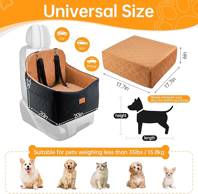 Dog Car Seats for Small/Medium Dogs, FurFrolic Memory Foam Dog Booster Seat for Small Dogs up to 35 lbs, Travel Pet Car Seat with Washable Detachable Cover, Storage Pockets, 2 Safety Belt, Black Brown-PawvioPets