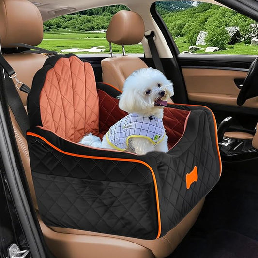 Dog Car Seat for Small Dogs Under 30lbs, Detachable Washable Pet Booster Seat with Safety Belt & Storage Pockets, Travel Car Bed, Black/Brown-PawvioPets