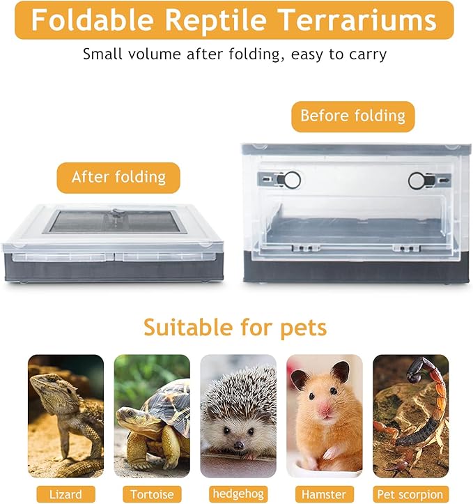Foldable Reptile Terrariums Kits with Plant, Feeding Bowl, Carpet, Easy to Carry, Easy to Move with Wheels, Heat-Resistant Material, Suitable for Lizard Tortoise Leopard Gecko (Black)-PawvioPets