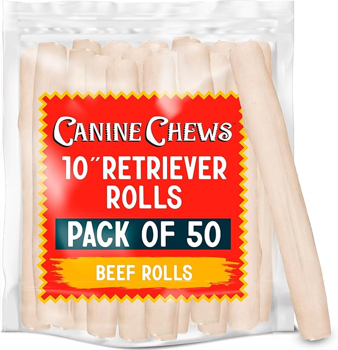 Canine Chews 10" Dog Rawhide Retriever Rolls - Rawhide Bones for Large Dogs (50 pk) - Natural Beef Dog Rawhide Chews - Single Ingredient Dog Rawhide Bones - Large Rawhide Bones for Dogs Dental Chew-PawvioPets