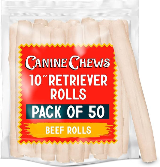 Canine Chews 10" Dog Rawhide Retriever Rolls - Rawhide Bones for Large Dogs (50 pk) - Natural Beef Dog Rawhide Chews - Single Ingredient Dog Rawhide Bones - Large Rawhide Bones for Dogs Dental Chew-PawvioPets