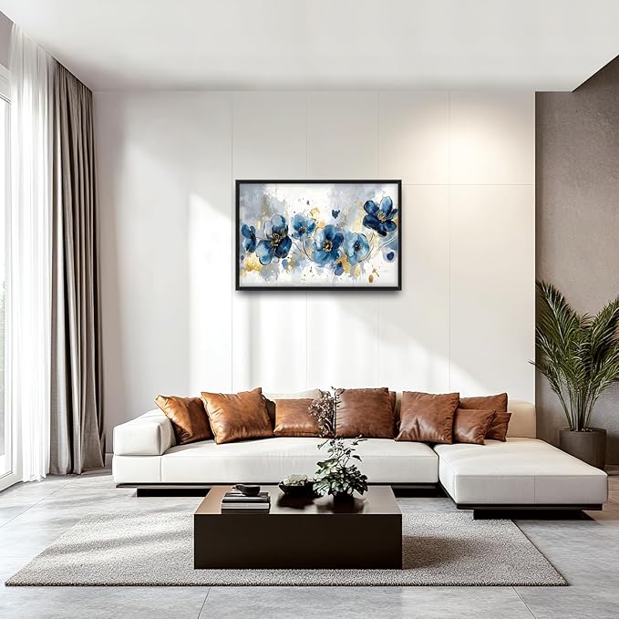 Extra Large Framed Abstract Blue Flower Wall Art,Oversized Golden Grey Floral Wall Decor Pictures for Living Room,Canvas Print Painting Modern Artwork Bedroom Office Bathroom Home Decor 36L" x 24W"-PawvioPets