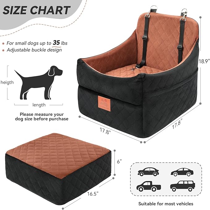 Dog Car Seat for Small/Medium Dogs, Dog Booster Car Seats with Thick Cushion for Dogs Under 35lbs, Detachable Washable Pet Car Seat with Storage Pockets, 2 Safety Belts(Black/Brown)-PawvioPets