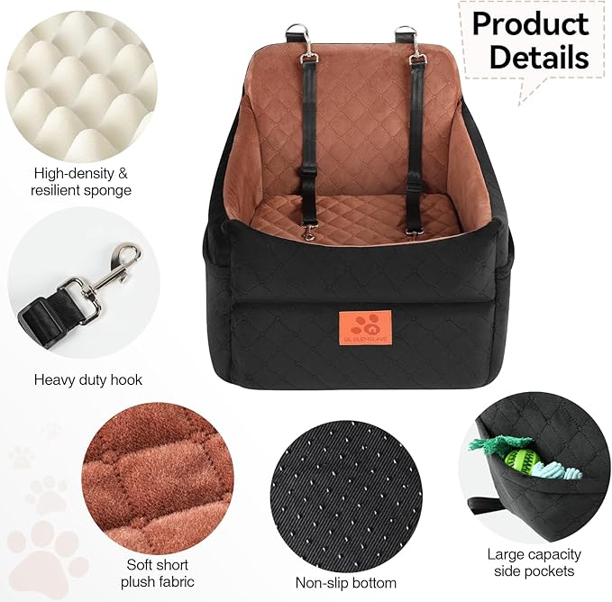 Dog Car Seat for Small/Medium Dogs, Dog Booster Car Seats with Thick Cushion for Dogs Under 35lbs, Detachable Washable Pet Car Seat with Storage Pockets, 2 Safety Belts(Black/Brown)-PawvioPets