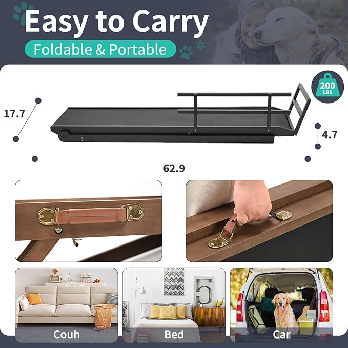 Dog Ramp, 5 Level Adjustable Height Folding Pet Ramp for High Bed, Portable Paw Ramps Large Bed Ramp for Medium & Large Old Dogs & Cats - Natural Wood Furniture Quality-PawvioPets