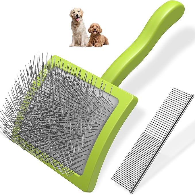 2PCS Slicker Brush for Dogs & Pet Comb,Professional Dog Grooming Brush (Goldendoodles,Poodles,Labradoodles) with Extra Long Pins to Effectively Remove Tangles, Knots and Mats (Green)-PawvioPets