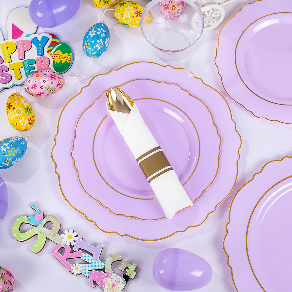 Liacere 350PCS Purple Plastic Plates - Disposable Light Purple and Gold Plates 50guest Baroque Plastic Dinnerware include 100Plates, 50Pack Pre Rolled Napkins with Silverware 50Cups for Mother's Day