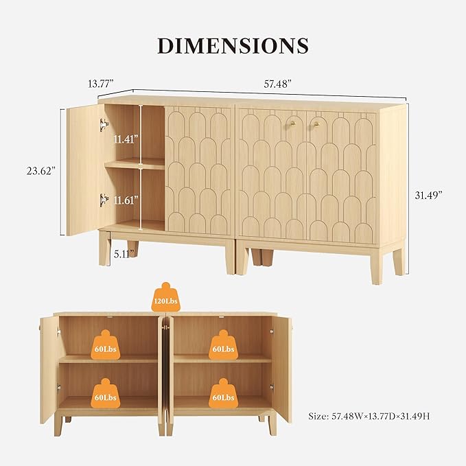 Farmhouse Storage Cabinet, Modern Buffet Sideboard with Doors, Fish Scale Pattern, Boho Cabinet for Dining Room, Natural, 2 Pieces-PawvioPets