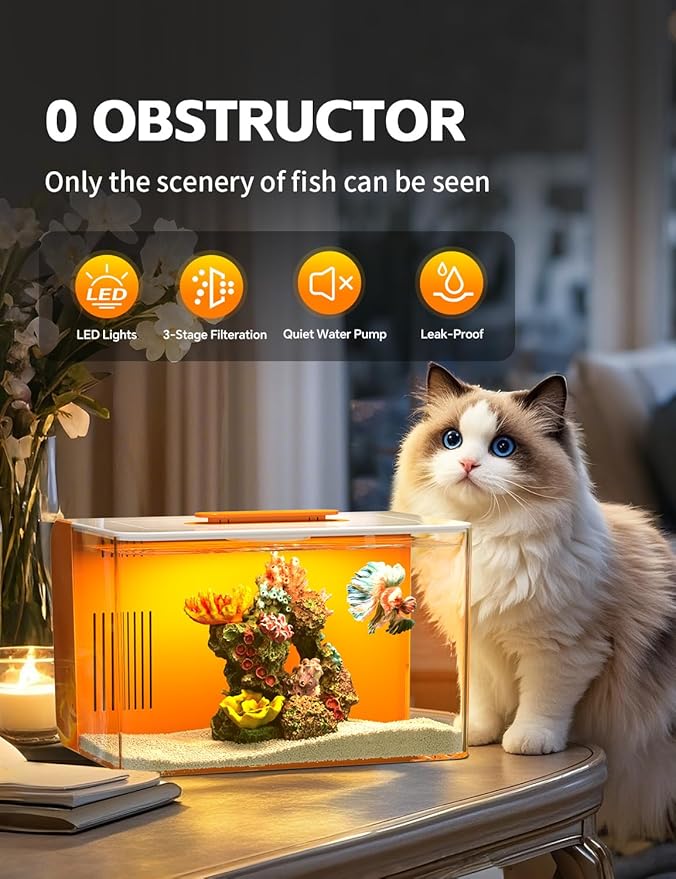 2.5 Gallon Fish Tank Small Aquarium Starter Kit with Hidden Filtration, 3 Color Light, Self Cleaning Nano Tank for Betta, Shrimp, Guppy, Angelfish-PawvioPets