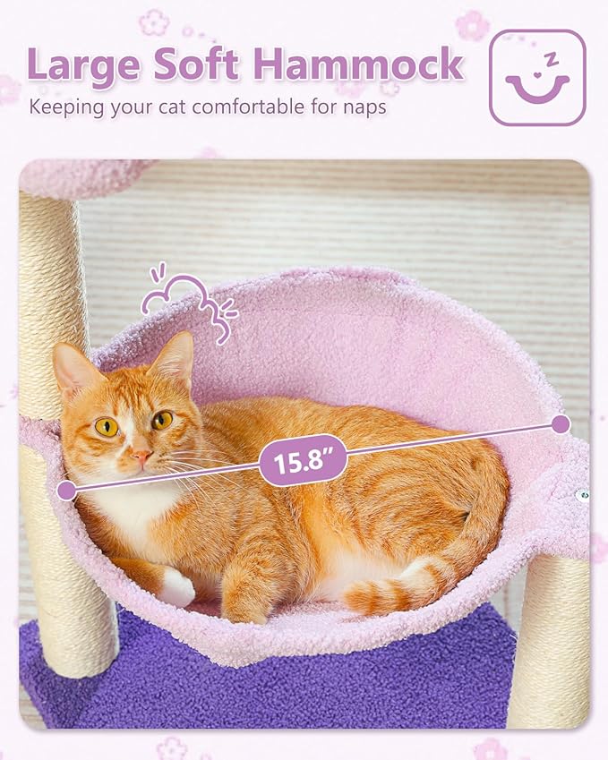 Flower Cat Scratching Post, 28" Cute Cat Tree Tower for Indoor Cats with Large Hammock Soft Perch Bed, Replaceable Toy Ball for Kittens, Purple-PawvioPets