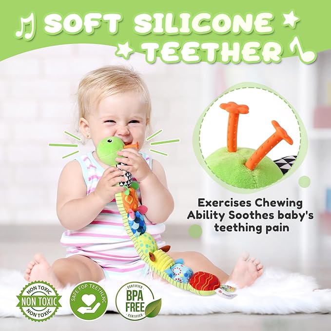Baby Toys 0 to 12 Months, Musical Stuffed Animal Activity Soft Toys with Multi-Sensory Crinkle, Rattle and Textures, Infant Tummy Time Toys for Newborn Boys Girls, Caterpillar, Green-PawvioPets