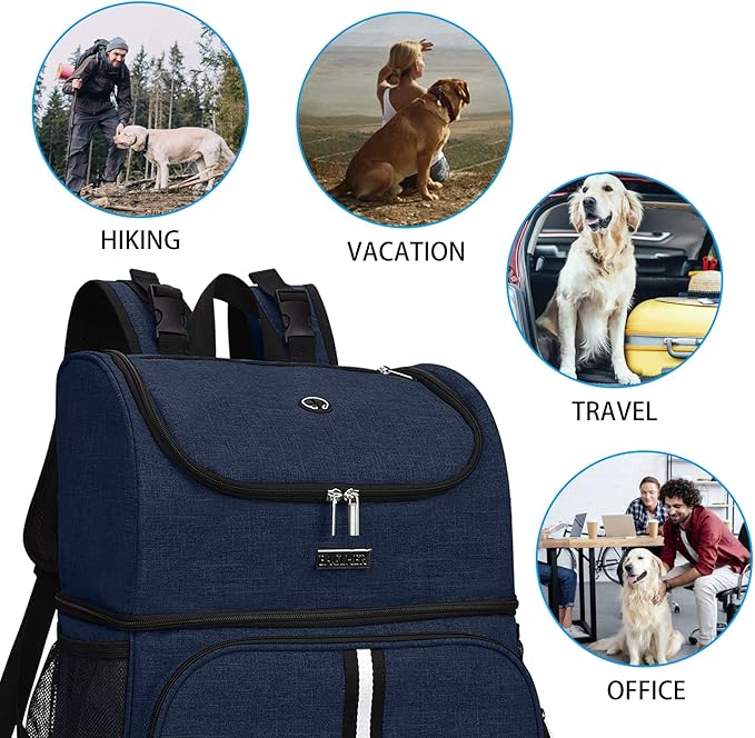 BAGLHER Pet Travel Bag, Double-Layer Pet Supplies Backpack (for All Pet Travel Supplies), Pet Travel Backpack with 2 Silicone Collapsible Bowls and 2 Food Baskets Dark Blue-PawvioPets